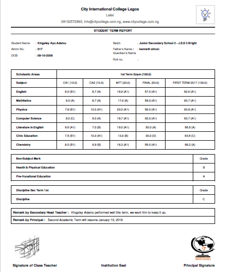 Student Result sheet or Report Card 
